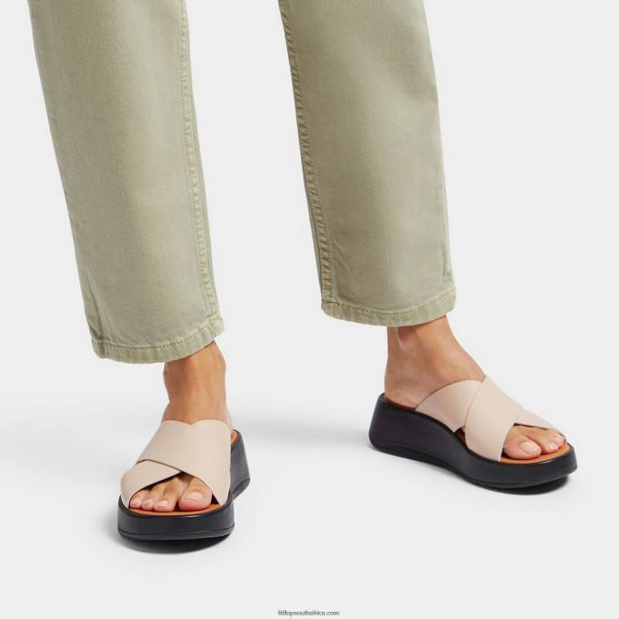 Women F-MODE Luxe Leather Flatform Cross Slides Fitflop 882F160 Beige/Black