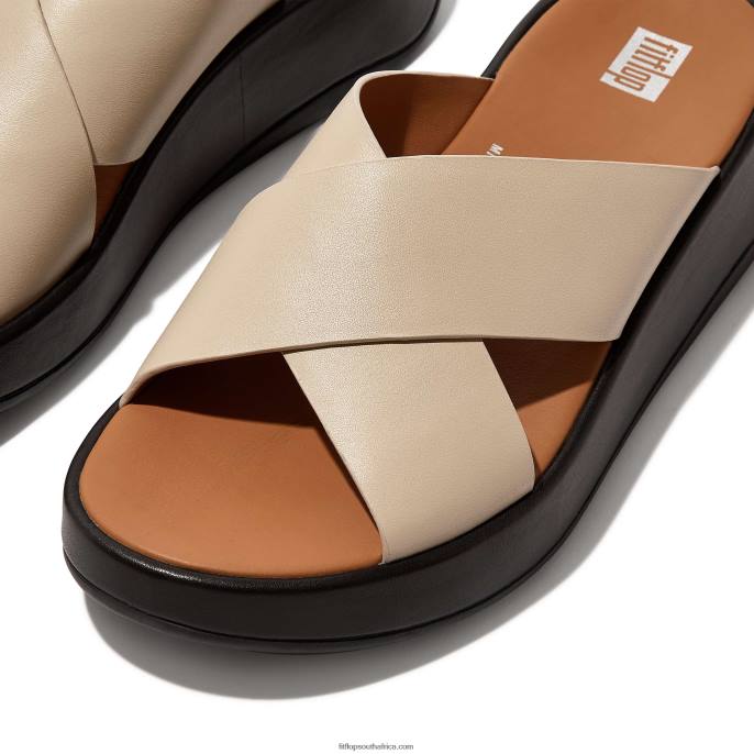 Women F-MODE Luxe Leather Flatform Cross Slides Fitflop 882F160 Beige/Black