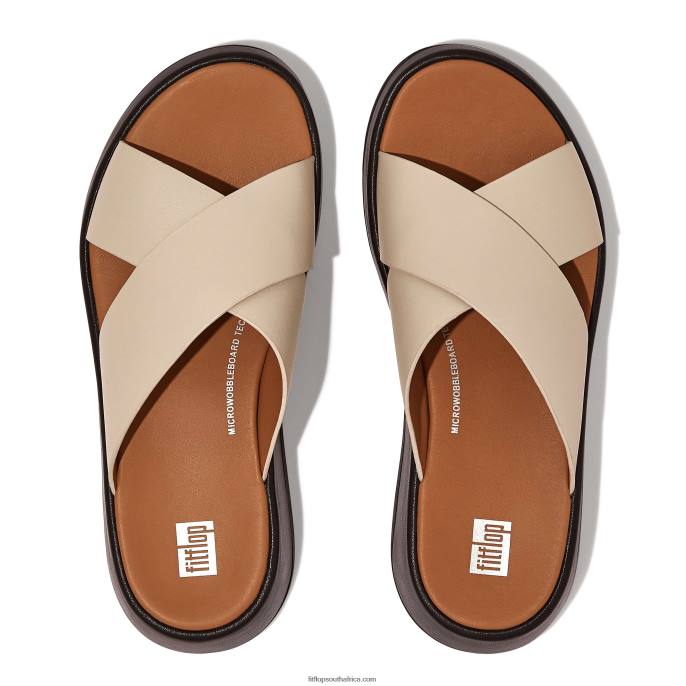 Women F-MODE Luxe Leather Flatform Cross Slides Fitflop 882F160 Beige/Black