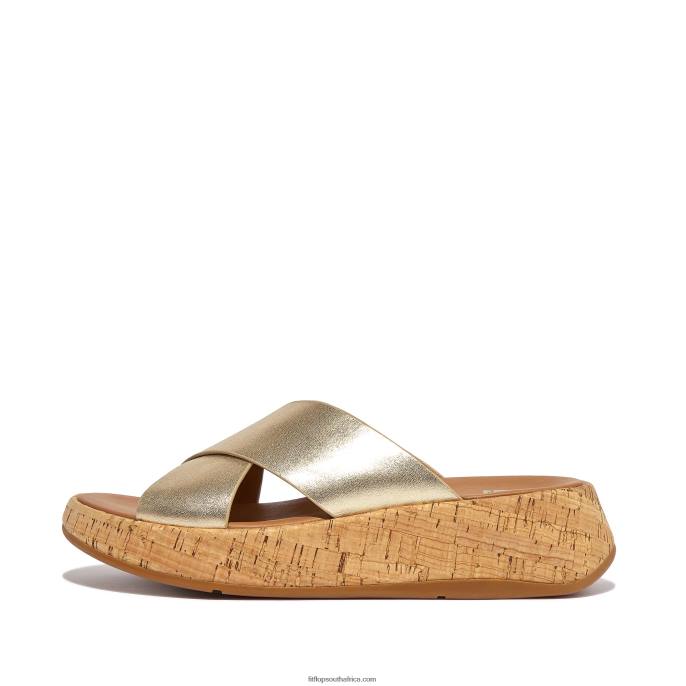Women F-MODE Metallic Leather/Cork Flatform Cross Slides Fitflop 882F161 Platino