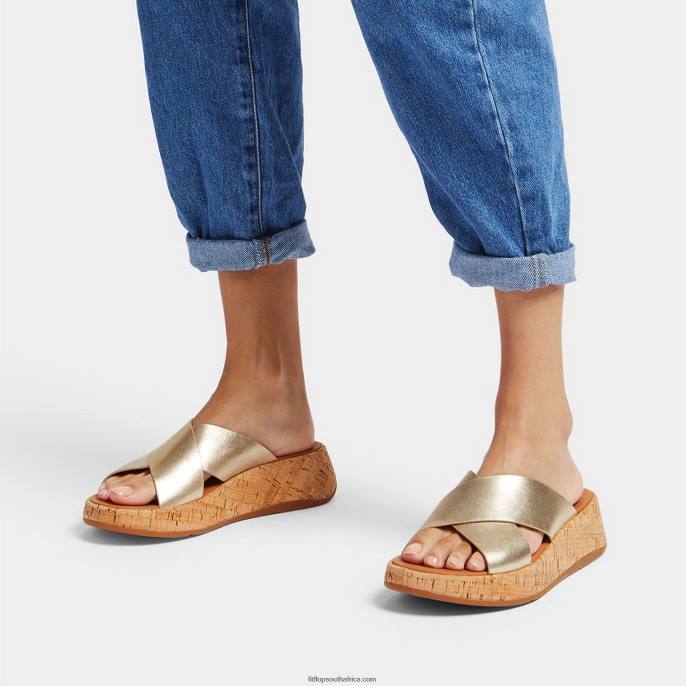Women F-MODE Metallic Leather/Cork Flatform Cross Slides Fitflop 882F161 Platino