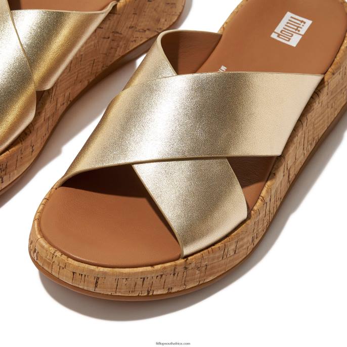 Women F-MODE Metallic Leather/Cork Flatform Cross Slides Fitflop 882F161 Platino