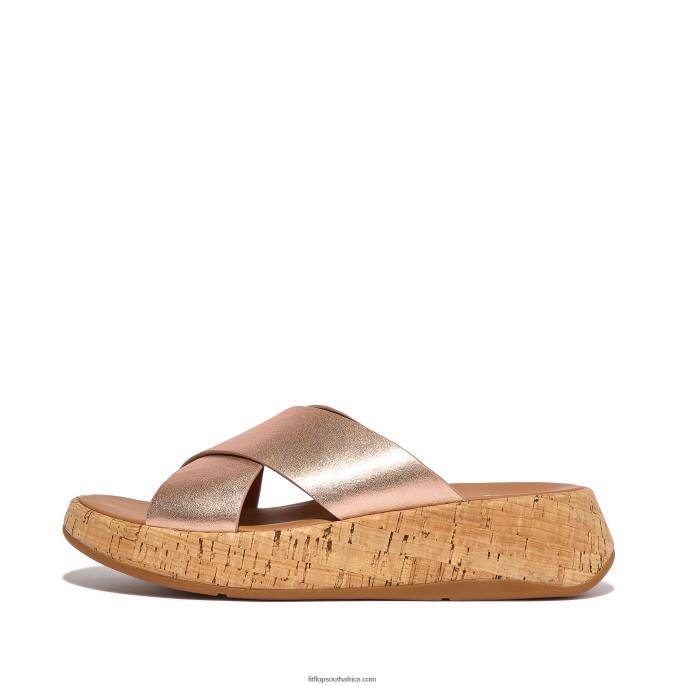 Women F-MODE Metallic Leather/Cork Flatform Cross Slides Fitflop 882F162 Rose Gold