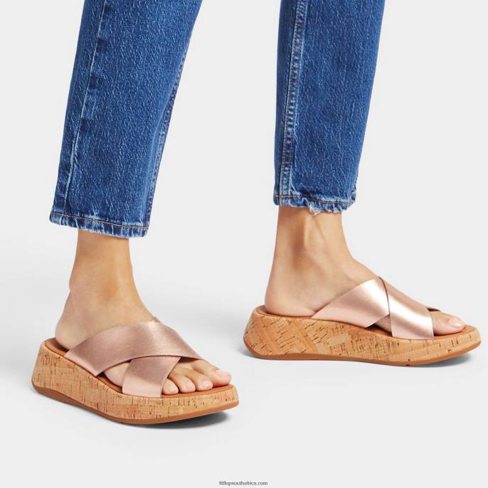 Women F-MODE Metallic Leather/Cork Flatform Cross Slides Fitflop 882F162 Rose Gold