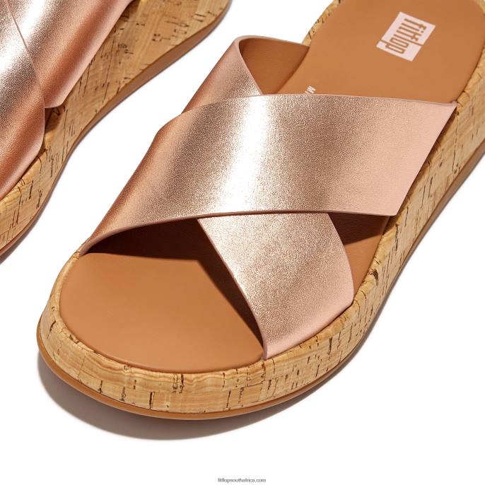 Women F-MODE Metallic Leather/Cork Flatform Cross Slides Fitflop 882F162 Rose Gold