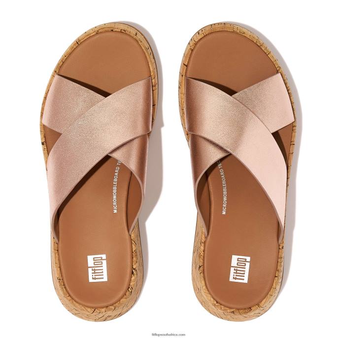 Women F-MODE Metallic Leather/Cork Flatform Cross Slides Fitflop 882F162 Rose Gold