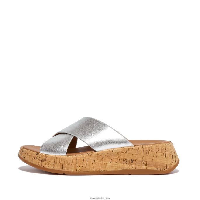 Women F-MODE Metallic Leather/Cork Flatform Cross Slides Fitflop 882F163 Silver