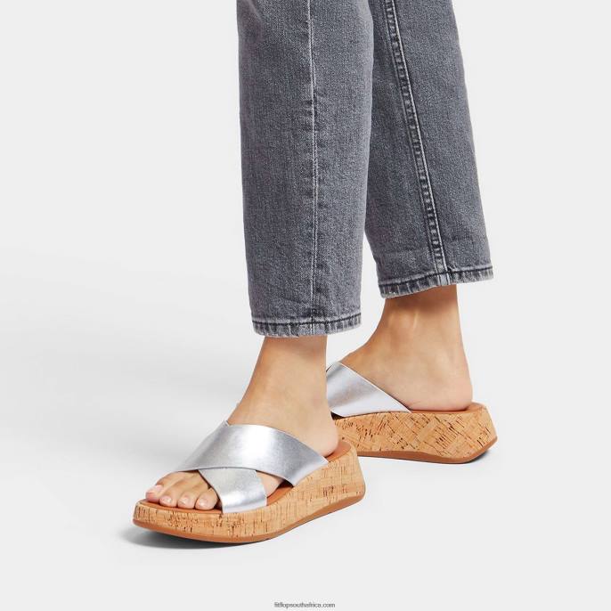 Women F-MODE Metallic Leather/Cork Flatform Cross Slides Fitflop 882F163 Silver