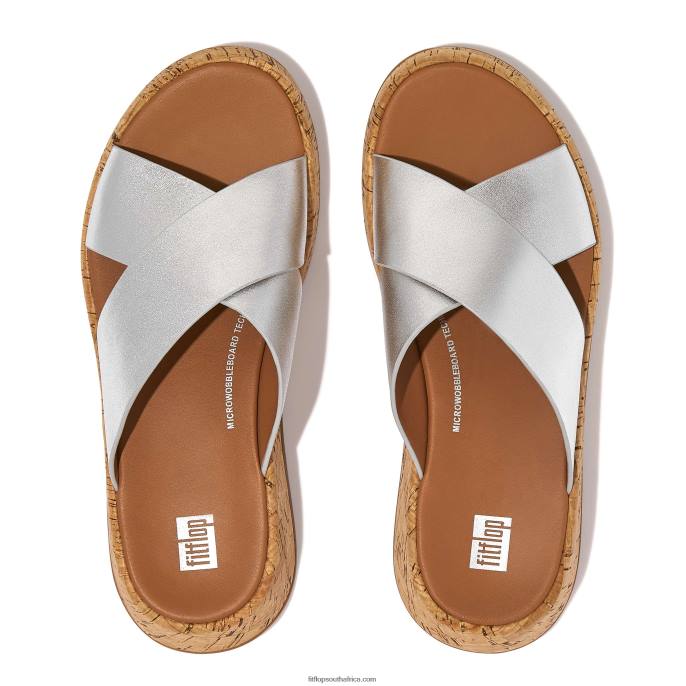 Women F-MODE Metallic Leather/Cork Flatform Cross Slides Fitflop 882F163 Silver