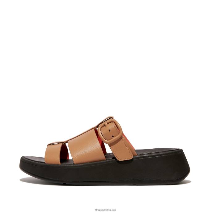 Women F-MODE Neon-Pop Leather Flatform Fisherman Slides Fitflop 882F164 Latte Tan/Orange