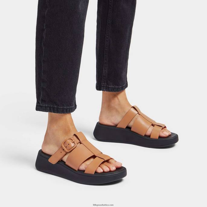 Women F-MODE Neon-Pop Leather Flatform Fisherman Slides Fitflop 882F164 Latte Tan/Orange