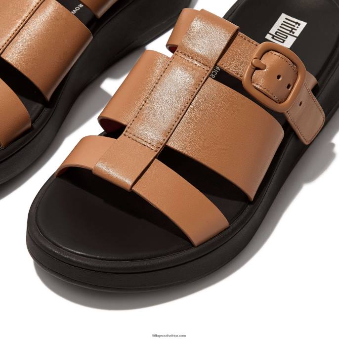 Women F-MODE Neon-Pop Leather Flatform Fisherman Slides Fitflop 882F164 Latte Tan/Orange