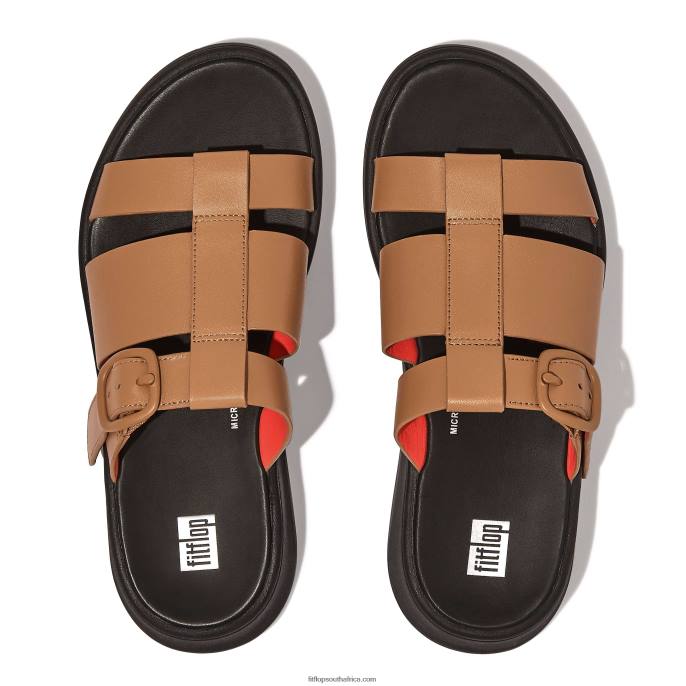 Women F-MODE Neon-Pop Leather Flatform Fisherman Slides Fitflop 882F164 Latte Tan/Orange