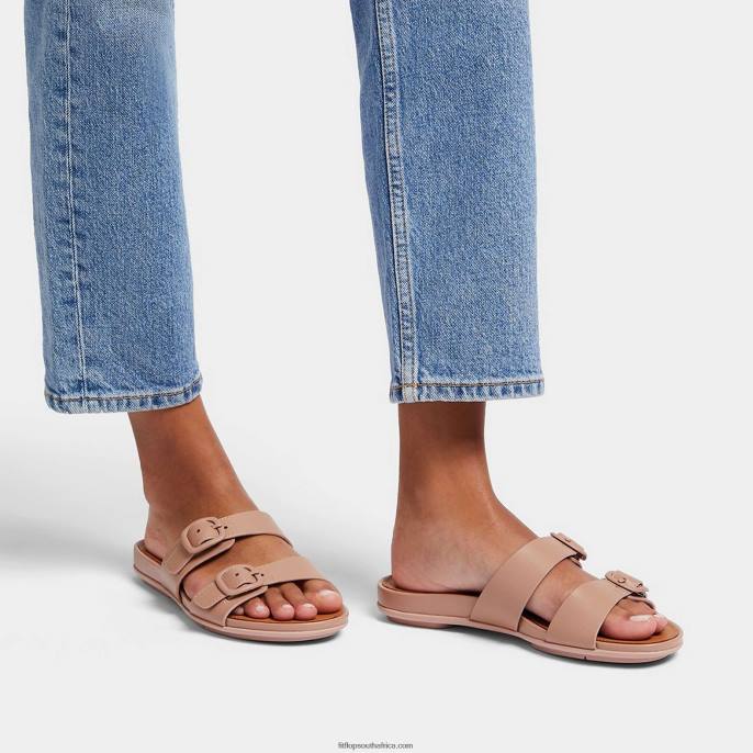 Women GRACIE Buckle Two-Bar Leather Slides Fitflop 882F80 Beige