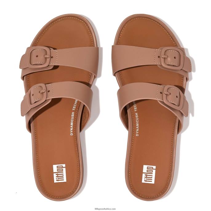 Women GRACIE Buckle Two-Bar Leather Slides Fitflop 882F80 Beige