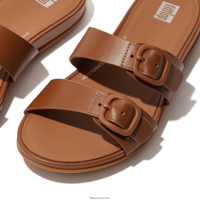 Women GRACIE Buckle Two-Bar Leather Slides Fitflop 882F81 All Tan