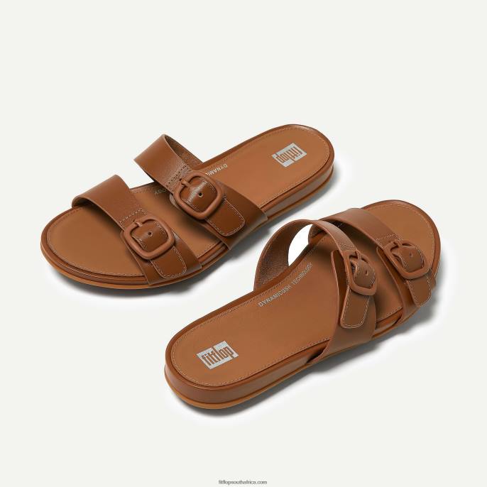 Women GRACIE Buckle Two-Bar Leather Slides Fitflop 882F81 All Tan