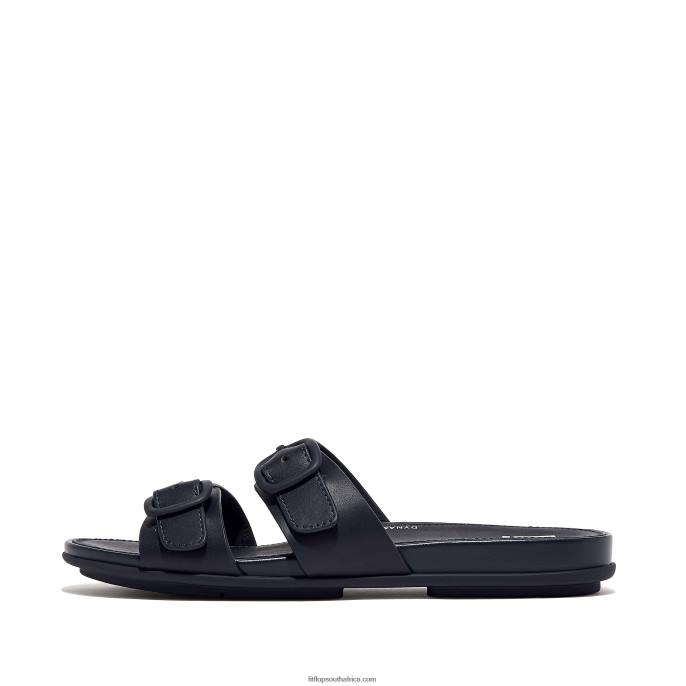 Women GRACIE Buckle Two-Bar Leather Slides Fitflop 882F82 Midnight Navy