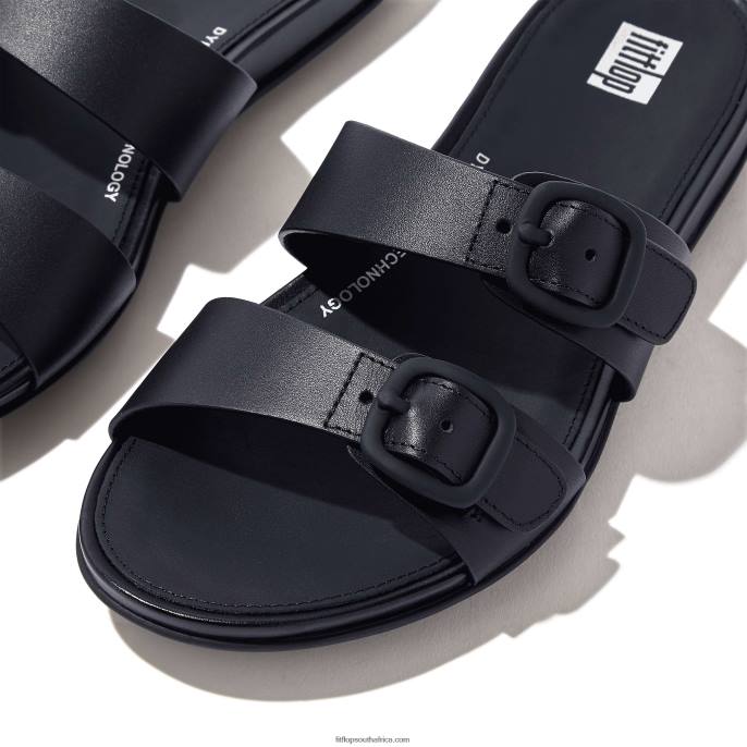 Women GRACIE Buckle Two-Bar Leather Slides Fitflop 882F82 Midnight Navy
