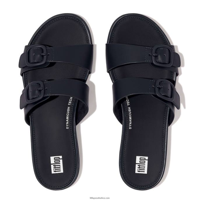 Women GRACIE Buckle Two-Bar Leather Slides Fitflop 882F82 Midnight Navy