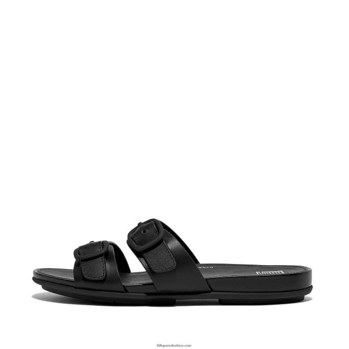Women GRACIE Buckle Two-Bar Leather Slides Fitflop 882F83 All Black