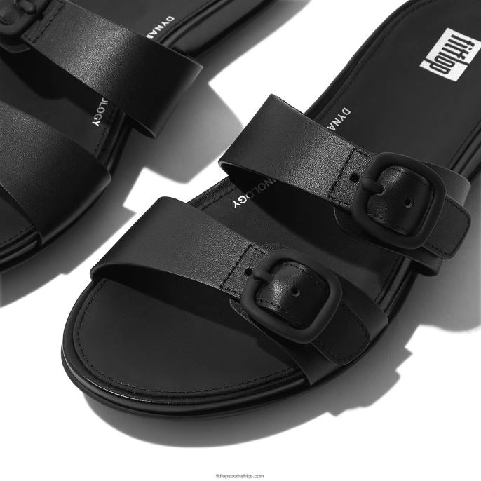 Women GRACIE Buckle Two-Bar Leather Slides Fitflop 882F83 All Black