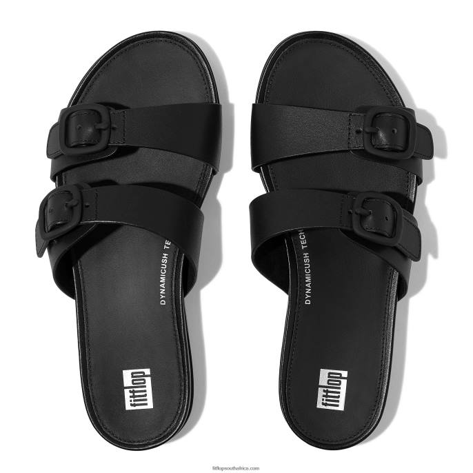 Women GRACIE Buckle Two-Bar Leather Slides Fitflop 882F83 All Black