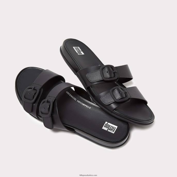 Women GRACIE Buckle Two-Bar Leather Slides Fitflop 882F83 All Black