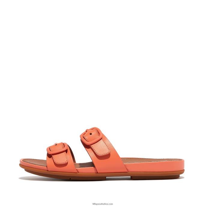 Women GRACIE Buckle Two-Bar Leather Slides Fitflop 882F84 Sunshine Coral
