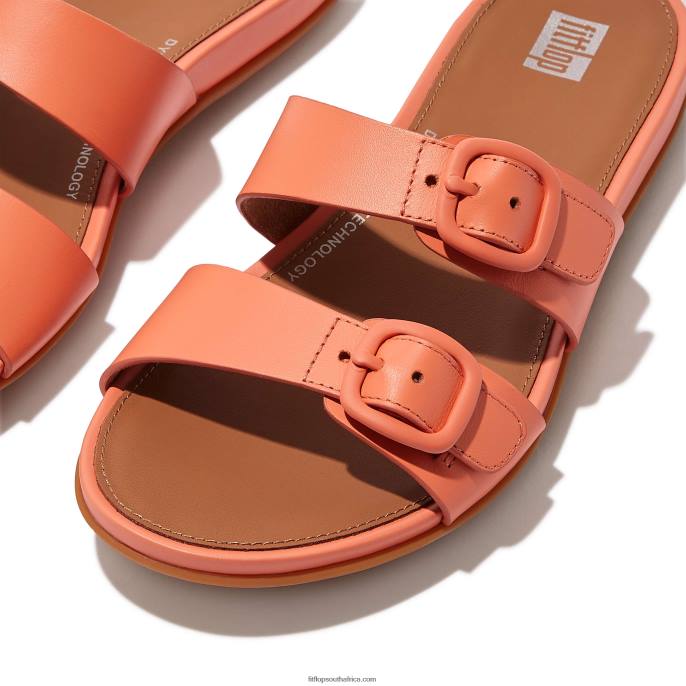 Women GRACIE Buckle Two-Bar Leather Slides Fitflop 882F84 Sunshine Coral