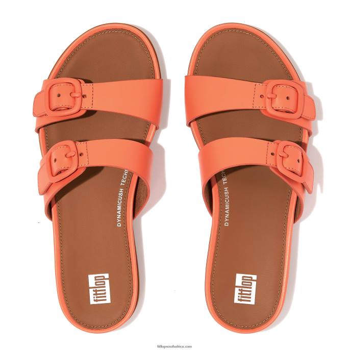 Women GRACIE Buckle Two-Bar Leather Slides Fitflop 882F84 Sunshine Coral