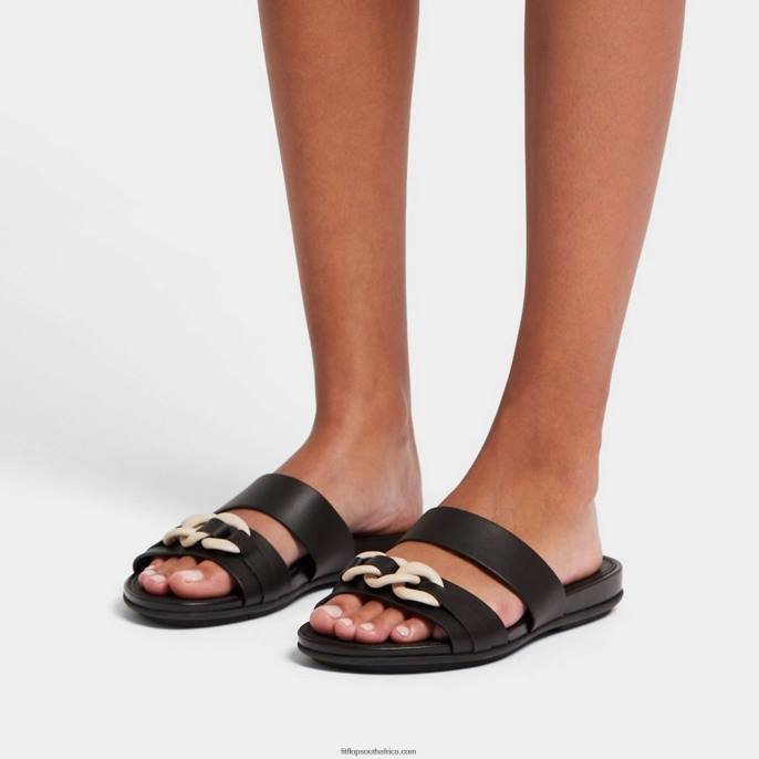 Women GRACIE Chain Leather Two-Bar Slides Fitflop 882F169 Black