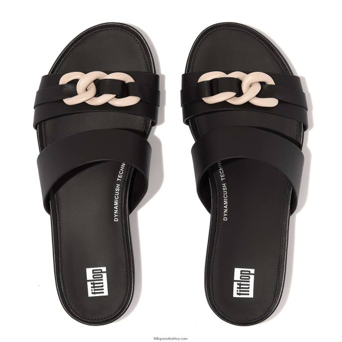 Women GRACIE Chain Leather Two-Bar Slides Fitflop 882F169 Black