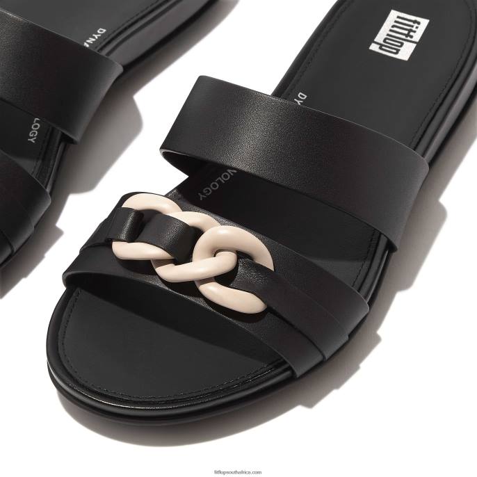 Women GRACIE Chain Leather Two-Bar Slides Fitflop 882F169 Black