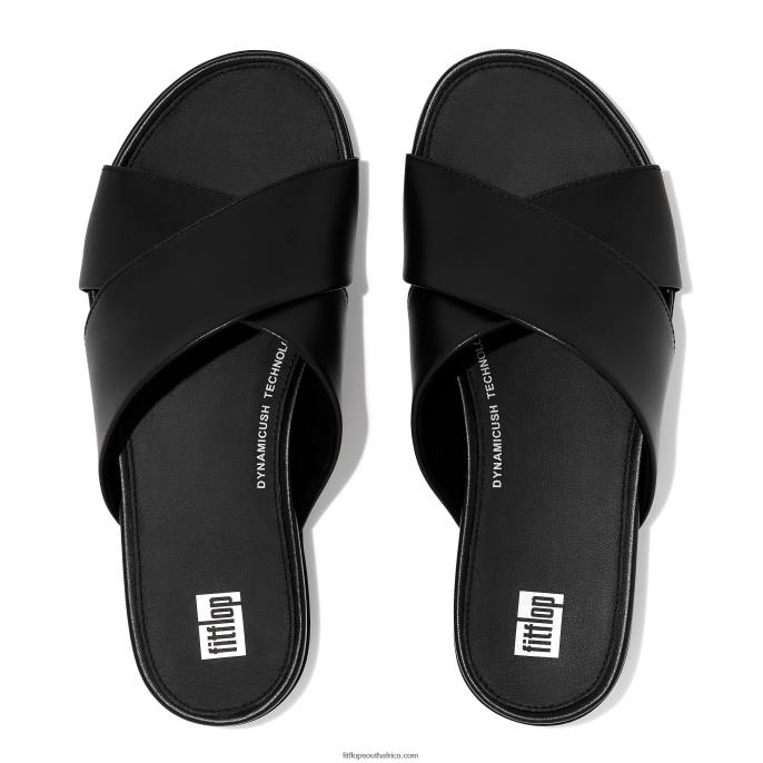 Women GRACIE Leather Cross Slides Fitflop 882F191 All Black