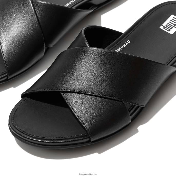 Women GRACIE Leather Cross Slides Fitflop 882F191 All Black