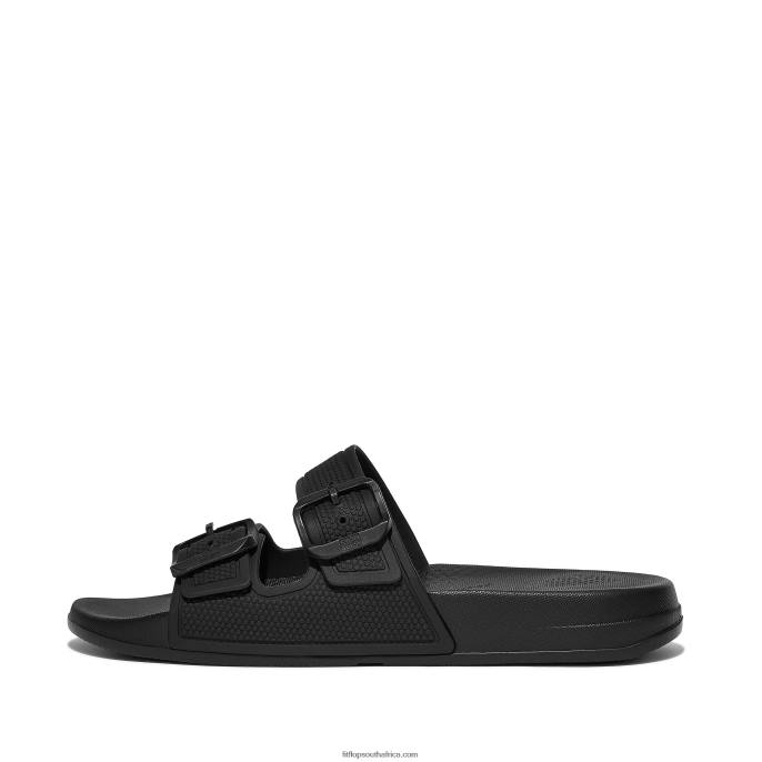 Women IQUSHION Two-Bar Buckle Slides Fitflop 882F86 All Black