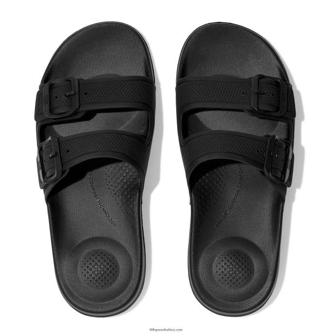 Women IQUSHION Two-Bar Buckle Slides Fitflop 882F86 All Black