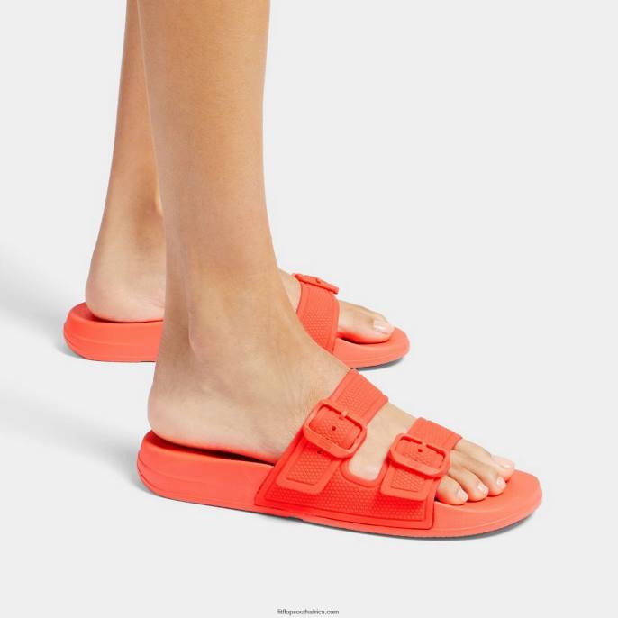 Women IQUSHION Two-Bar Buckle Slides Fitflop 882F88 Neon Orange