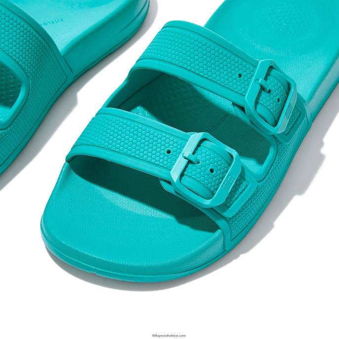 Women IQUSHION Two-Bar Buckle Slides Fitflop 882F92 Tahiti Blue