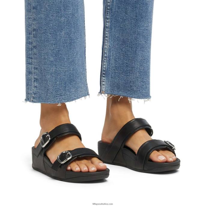 Women LULU Adjustable Leather Slides Fitflop 882F99 All Black