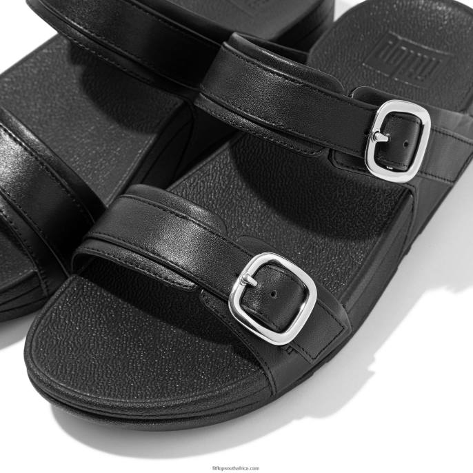 Women LULU Adjustable Leather Slides Fitflop 882F99 All Black