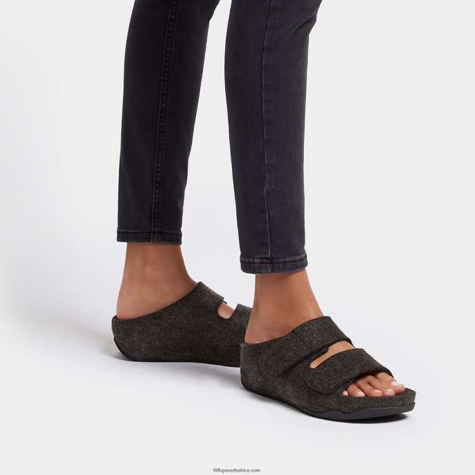 Women SHUV E01 Adjustable Two-Bar Felt Slides Fitflop 882F96 All Black