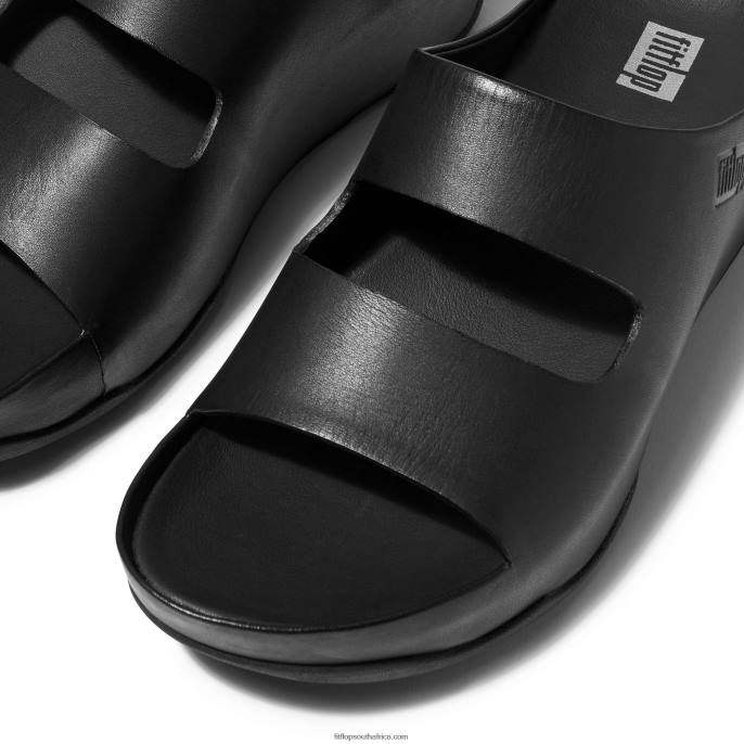 Women SHUV Two-Bar Leather Slides Fitflop 882F184 All Black