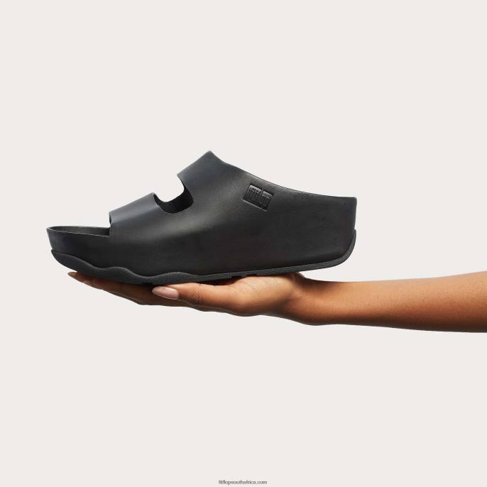 Women SHUV Two-Bar Leather Slides Fitflop 882F184 All Black