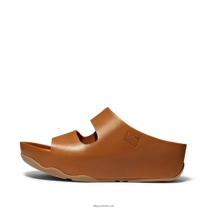 Women SHUV Two-Bar Leather Slides Fitflop 882F185 Light Tan