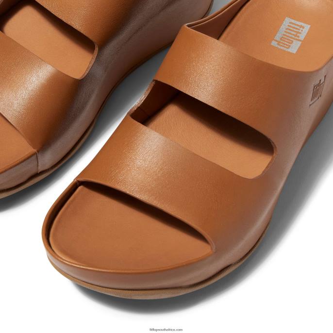 Women SHUV Two-Bar Leather Slides Fitflop 882F185 Light Tan