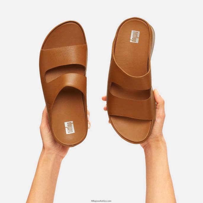 Women SHUV Two-Bar Leather Slides Fitflop 882F185 Light Tan