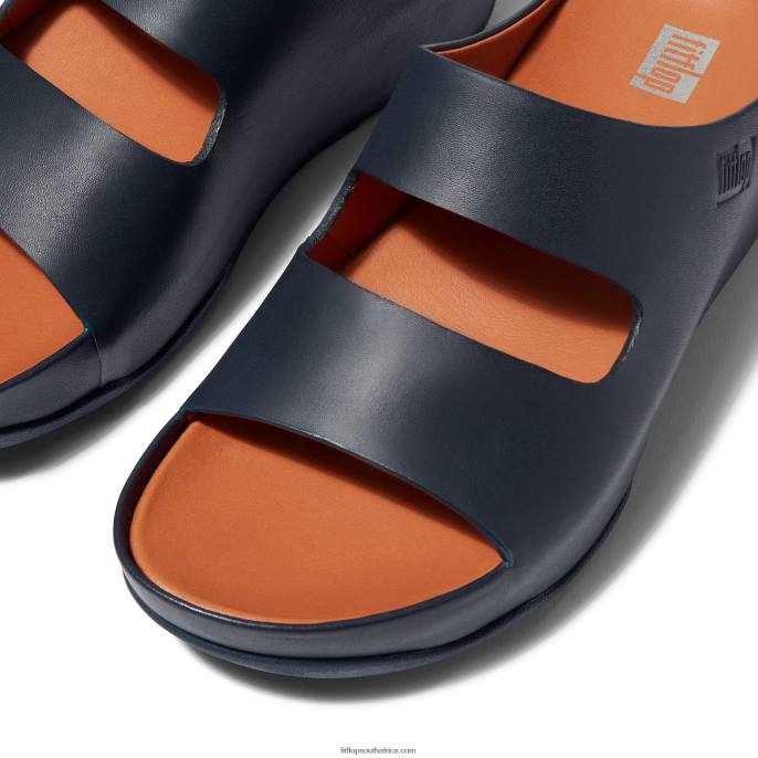 Women SHUV Two-Bar Leather Slides Fitflop 882F186 Midnight Navy