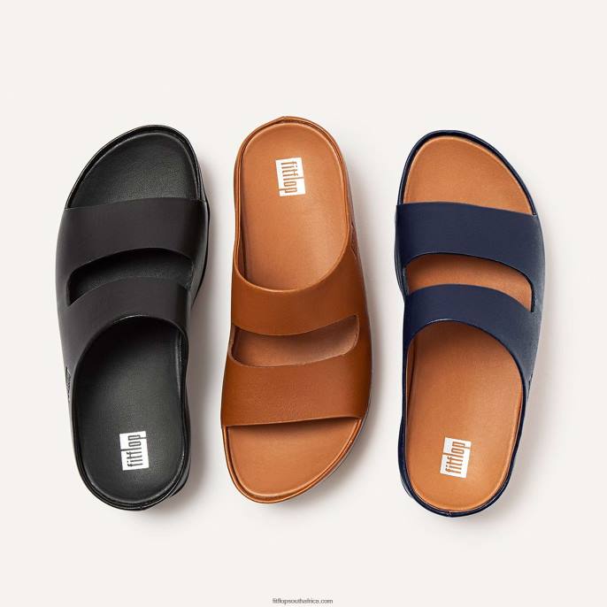 Women SHUV Two-Bar Leather Slides Fitflop 882F186 Midnight Navy